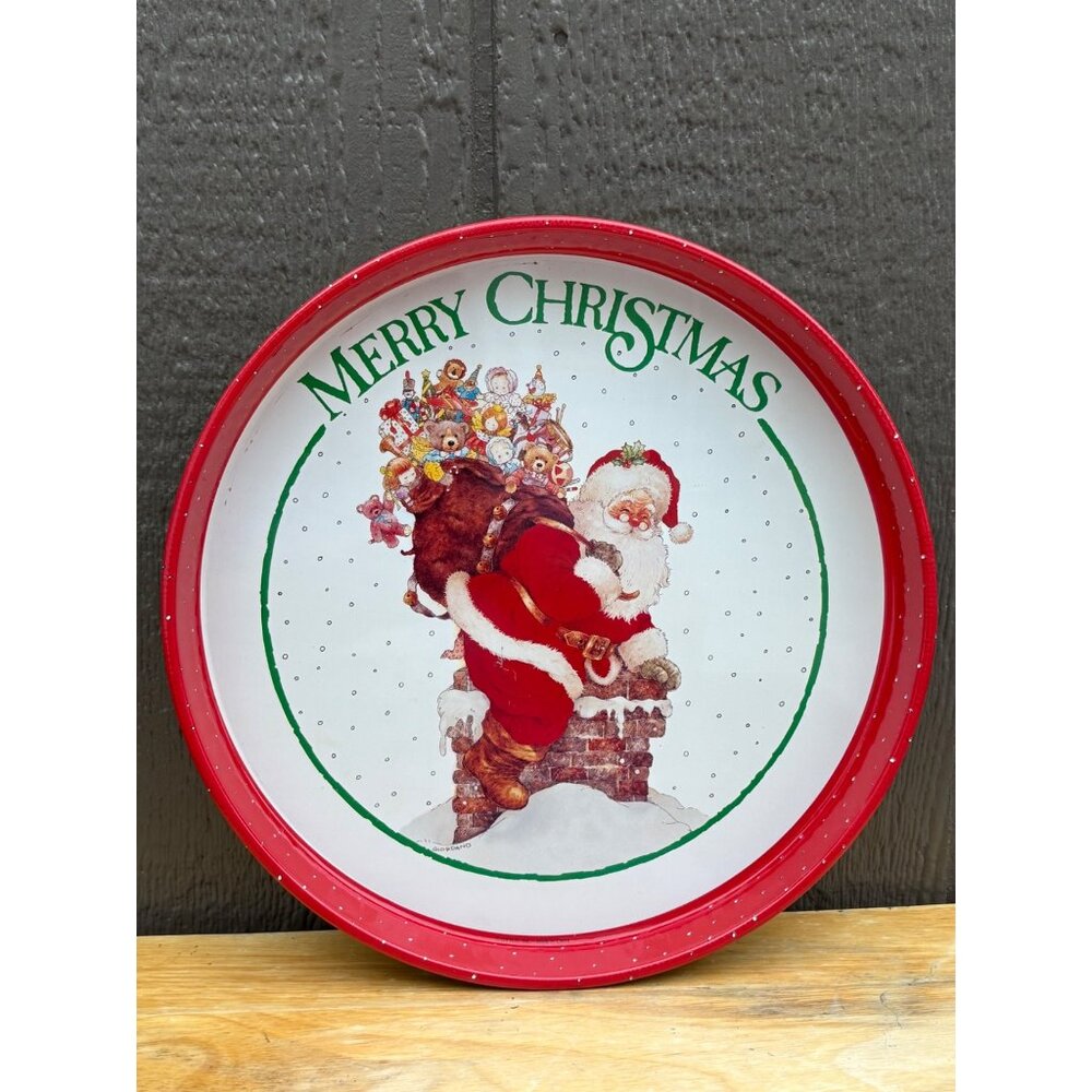 Vintage Giordano Merry Christmas Santa Claus Metal Cookie Serving Tray 12" Red
